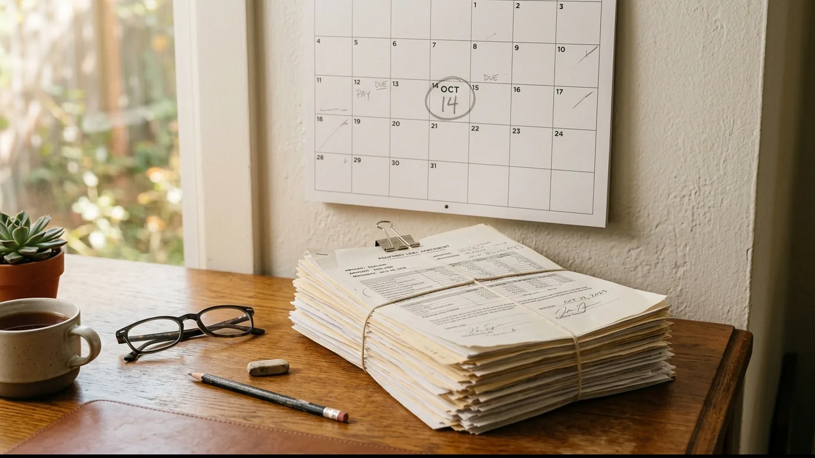 Kalender mit markiertem Datum des Zinsbindungsendes neben Finanzierungsunterlagen